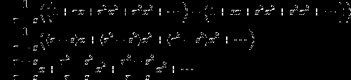 \begin{aligned}&=\frac{1}{r-s}\Bigl(\Bigl(1+rx+r^2x^2+r^3x^3+\cdots\Bigr)-\Bigl(1+sx+s^2x^2+s^3x^3+\cdots\Bigr)\Bigr)\\&=\frac{1}{r-s}\Bigl((r-s)x+(r^2-s^2)x^2+(r^3-s^3)x^3+\cdots\Bigr)\\&=\frac{r-s}{r-s}x+\frac{r^2-s^2}{r-s}x^2+\frac{r^3-s^3}{r-s}x^3+\cdots\end{aligned}