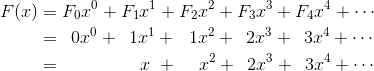 \begin{aligned}F(x)&=F_0x^0+F_1x^1+F_2x^2+F_3x^3+F_4x^4+\cdots\\&=\enskip0x^0+\enskip1x^1+~~1x^2+\enskip2x^3+\enskip3x^4+\cdots\\&=\qquad\qquad~ x~+\enskip~~ x^2+\enskip2x^3+\enskip3x^4+\cdots\end{aligned}